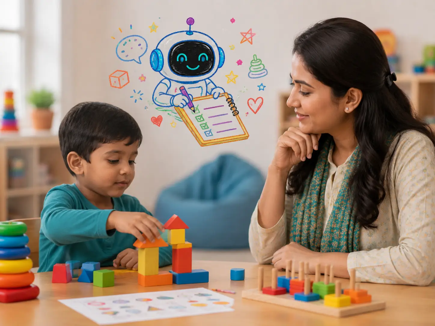 A boy setting a red roof on a tower of wooden blocks while a therapist rests her chin on her hand and watches, with a robot drawn in crayon on the wall behind them writing on a clipboard.