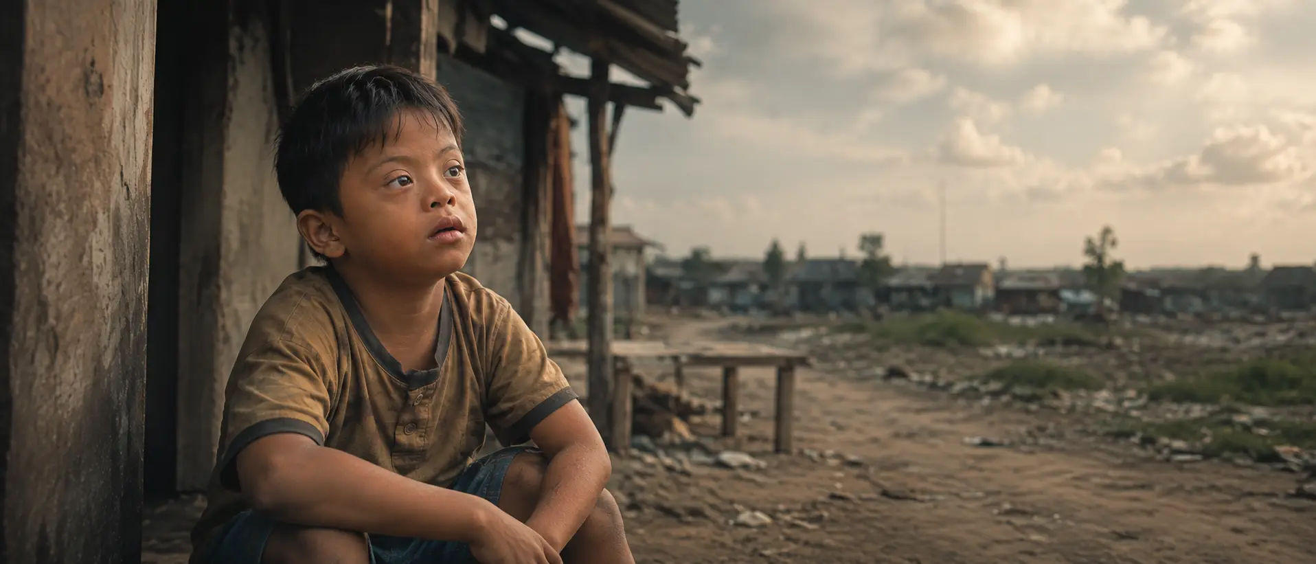 A young boy sits in the doorway of a tin-and-timber house, arms around his knees, looking out across a wide dirt clearing towards a settlement on the far side of it.