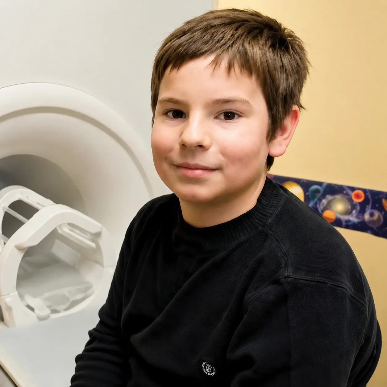 A boy of about ten sitting beside an MRI scanner, smiling slightly at the camera, with a head coil on the bed behind him and a strip of painted planets along the wall.