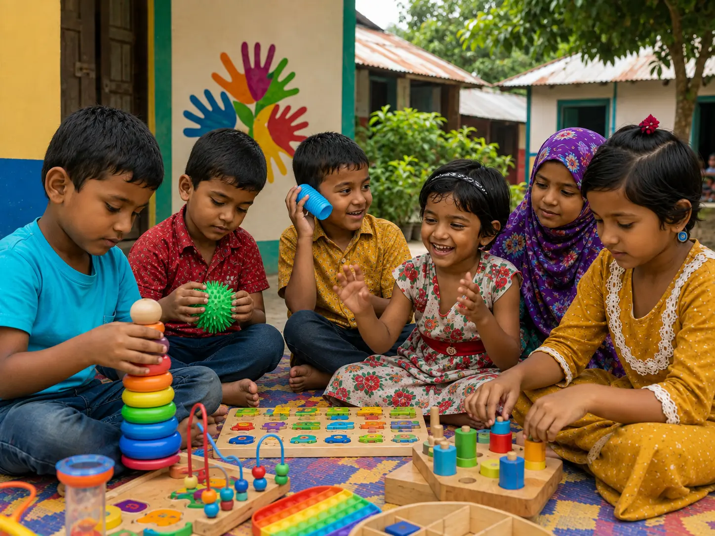 Six children sitting together on a patterned mat with stacking rings, shape puzzles and sensory toys, outside a school wall painted with children's handprints.