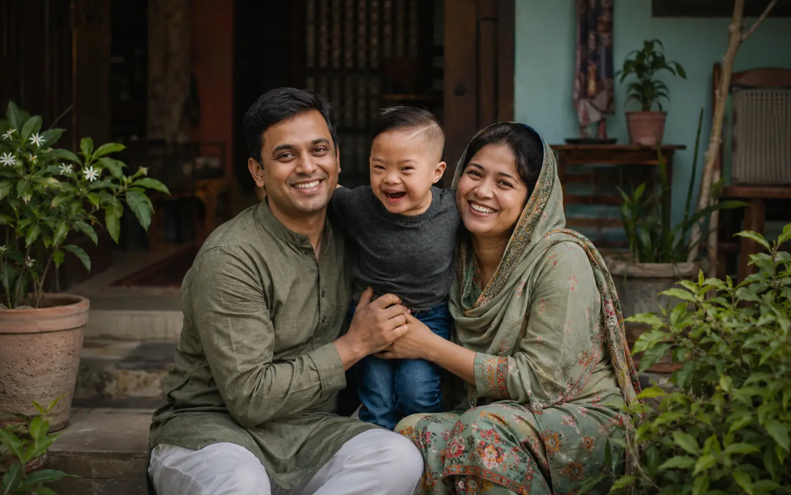 A mother and father sitting together on the steps of their home with their small son held between them, all three of them laughing at the camera. Potted plants and a painted verandah wall are behind them.