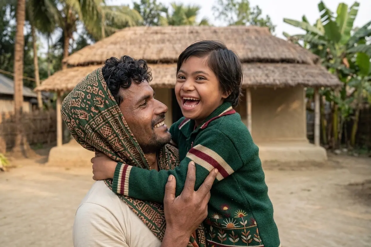 A father lifting his laughing daughter into his arms in the yard of their village home.