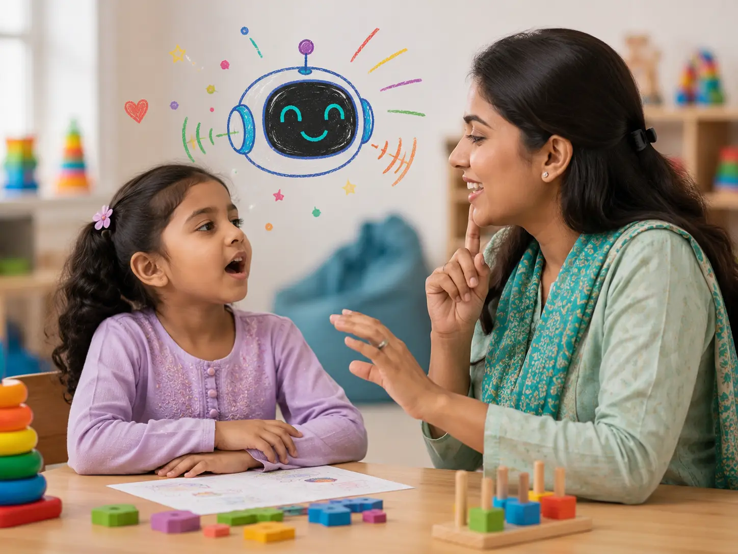 A girl and a speech therapist facing each other across a low table, the girl shaping a sound and the therapist holding a finger to her own lips to show her how, with a smiling robot drawn in crayon on the wall behind them.