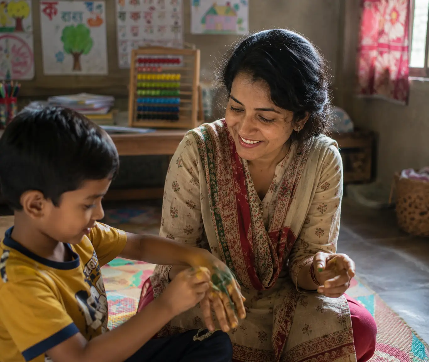 A boy showing his mother his paint-covered hands during a session, both of them laughing, in a classroom hung with children's drawings.