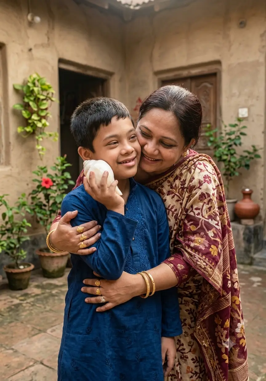 A mother holding her son close in the courtyard of their home, her cheek resting against his hair.