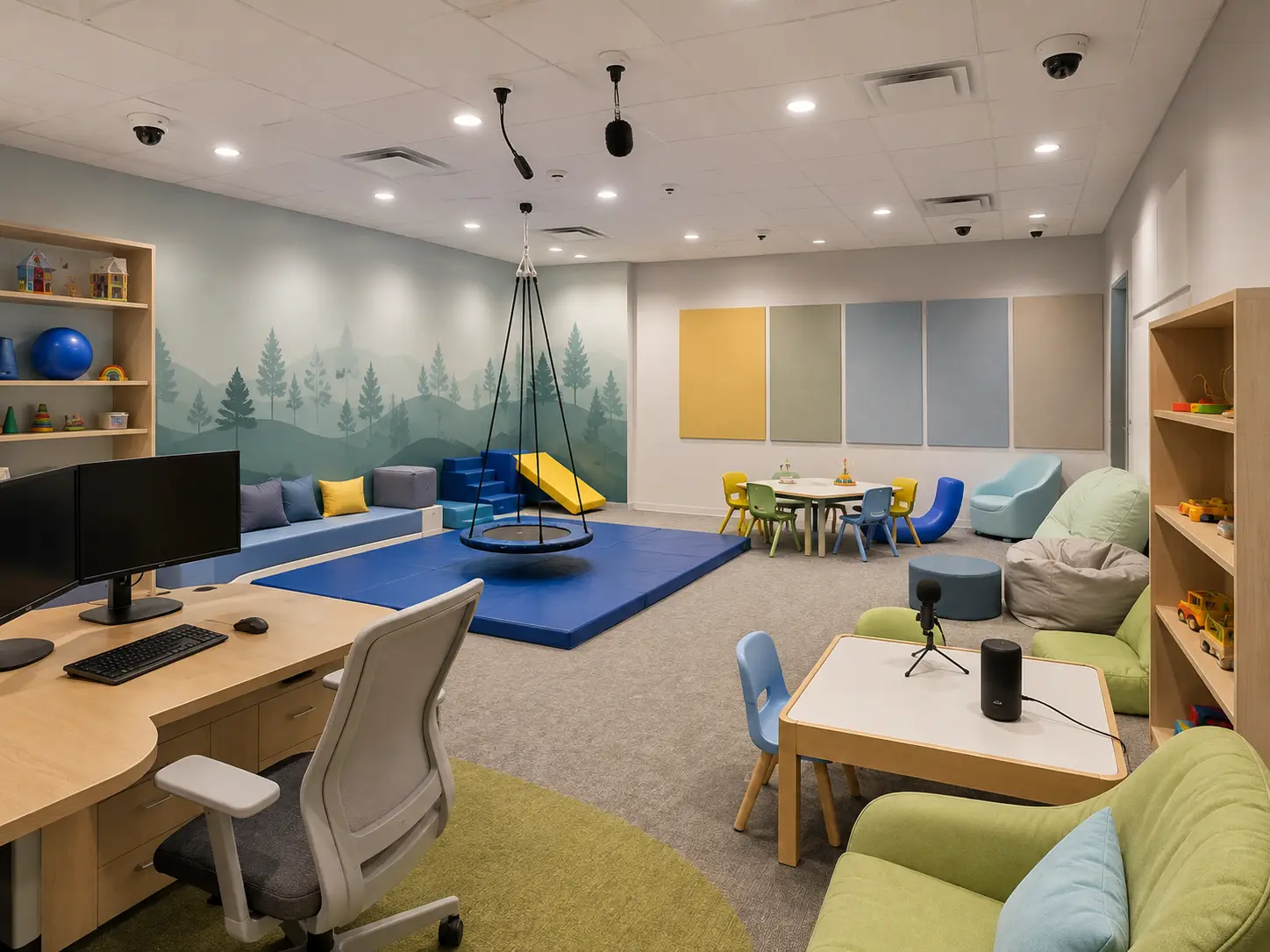 A therapy room built for screening: a platform swing over blue crash mats, a painted forest along one wall, low tables with a microphone standing on one of them, a clinician’s desk with two monitors, and dome cameras across the ceiling.