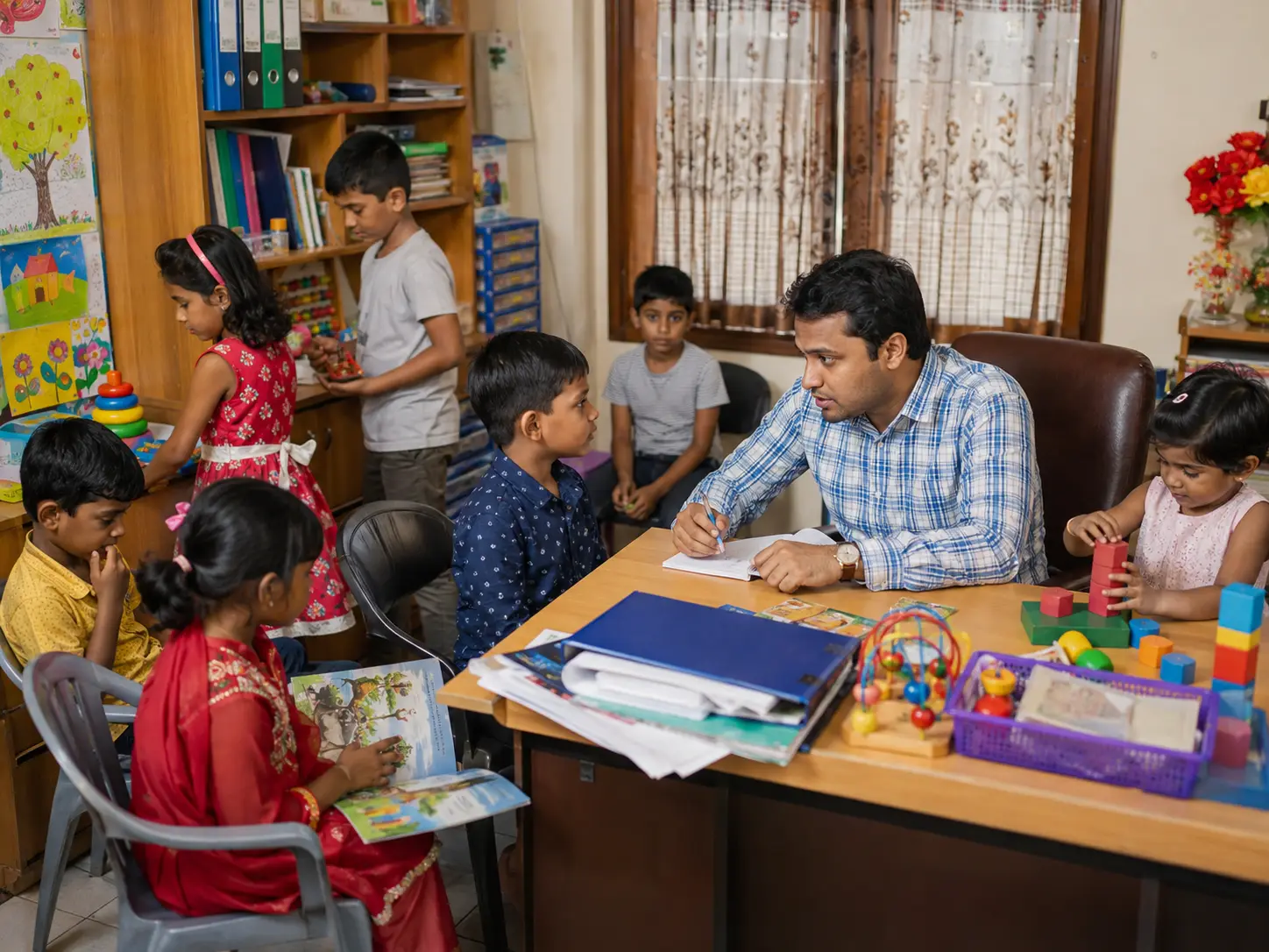 One therapist at a desk in a small centre, writing notes while a boy talks to him. Eight more children are waiting around the room — reading, stacking blocks, sorting rings, sitting on chairs — and there is no other adult in the picture.