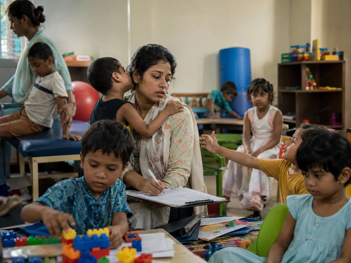 A therapist writing on a clipboard with a toddler on her lap and one arm around him, another child reaching across the table for her attention, a boy building with blocks beside her, and more children playing and waiting around the room.