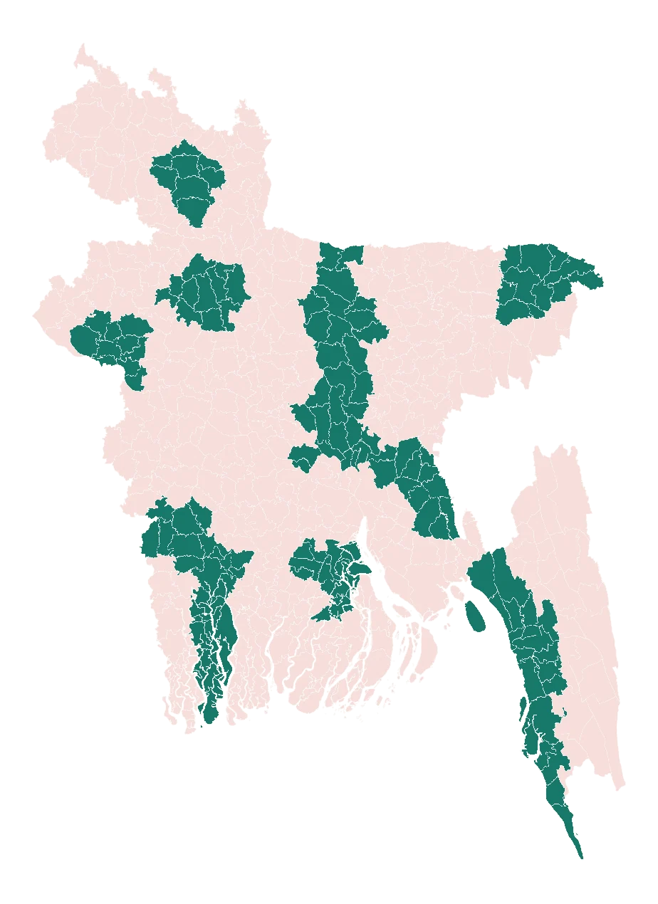 Map of Bangladesh: districts with specialist care shaded dark, the rest pale